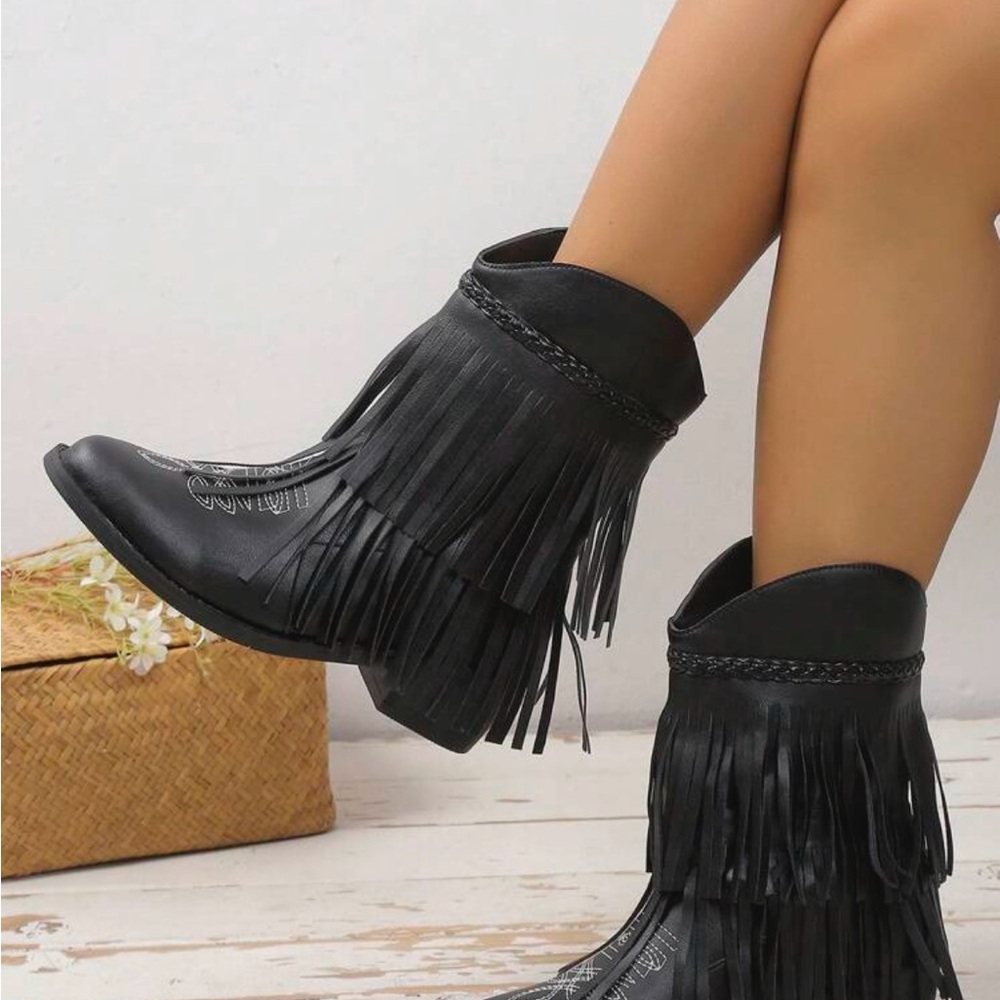 SHEIN Black Fringe Ankle Booties